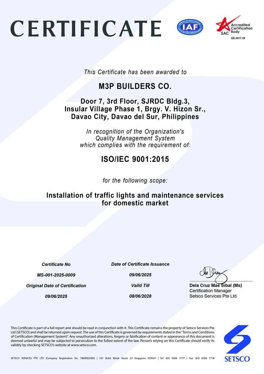 ISO 9001:2015 certificate awarded to M3P Builders Co. by SETSCO Services