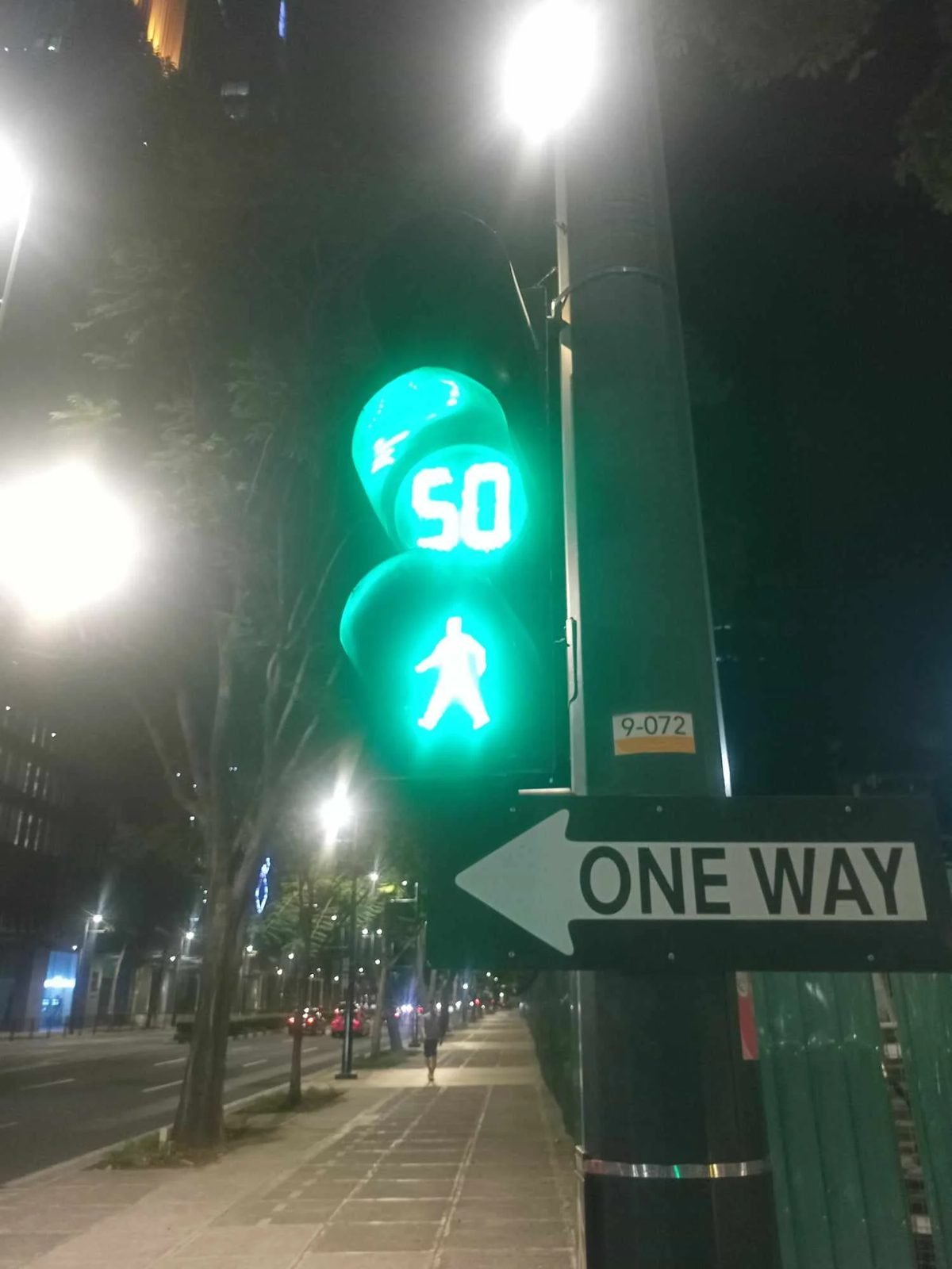 Pedestrian countdown signal beside a one-way sign in Bonifacio Global City